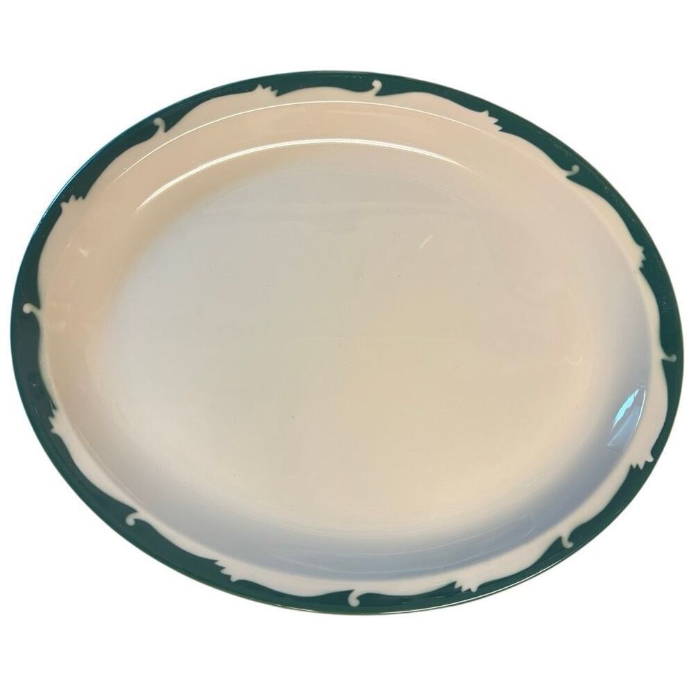 Syracuse China Green Jagged Scroll Pattern 13 1/4” x 10 3/4” Oval Platter